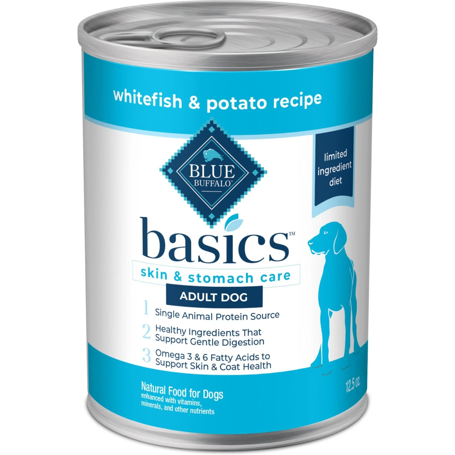 Blue Buffalo Basics Skin & Stomach Care Grain-Free Whitefish Entrée Adult Canned Dog Food, 12.5-oz Can, Case Of 12 1 Blue Buffalo Basics Skin & Stomach Care Grain-Free Whitefish Entrée Adult Canned Dog Food, 12.5-oz Can, Case Of 12