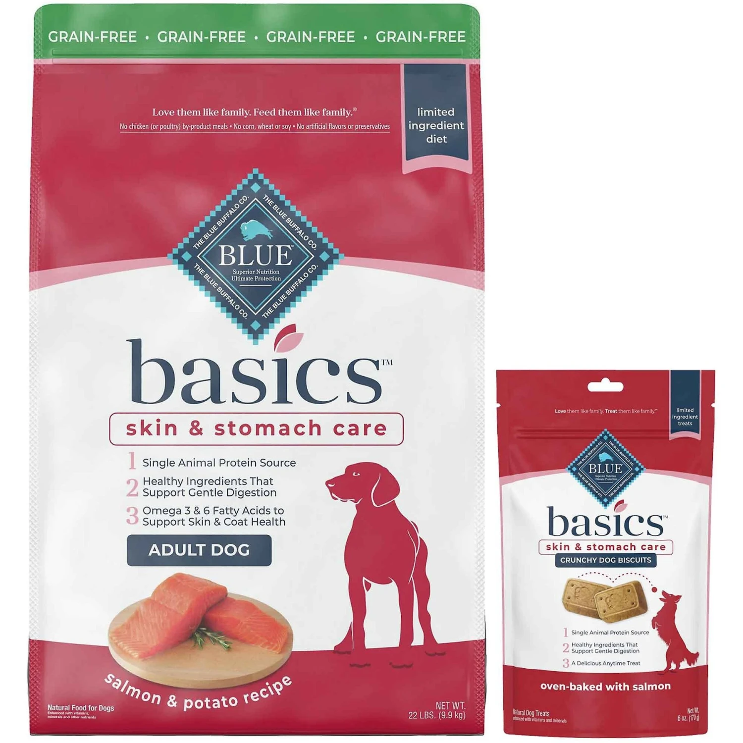 Blue Buffalo Basics Skin & Stomach Care Grain-Free Formula Salmon & Potato Recipe Adult Dry Dog Food & Blue Buffalo Basics Skin & Stomach Care Biscuits Salmon & Potato Dog Treats 1 Blue Buffalo Basics Skin & Stomach Care Grain-Free Formula Salmon & Potato Recipe Adult Dry Dog Food & Blue Buffalo Basics Skin & Stomach Care Biscuits Salmon & Potato Dog Treats