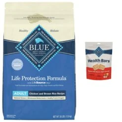 Blue Buffalo Life Protection Formula Adult Chicken & Brown Rice Recipe Dry Dog Food & Blue Buffalo Health Bars Baked With Bacon, Egg & Cheese Dog Treats