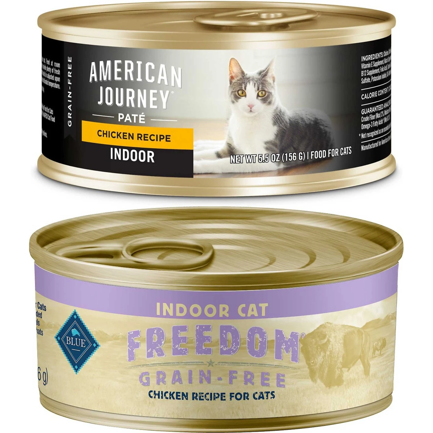American Journey Indoor Pate Chicken Recipe Grain-Free Canned Cat Food, 5.5-oz, Case Of 24 & Blue Buffalo Freedom Indoor Adult Chicken Recipe Grain-Free Canned Cat Food 1 American Journey Indoor Pate Chicken Recipe Grain-Free Canned Cat Food, 5.5-oz, Case Of 24 & Blue Buffalo Freedom Indoor Adult Chicken Recipe Grain-Free Canned Cat Food
