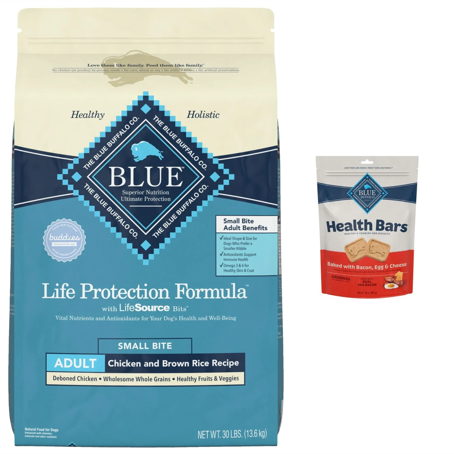 Blue Buffalo Life Protection Formula Small Bite Adult Chicken & Brown Rice Recipe Dry Dog Food & Blue Buffalo Health Bars Baked With Bacon, Egg & Cheese Dog Treats 1 Blue Buffalo Life Protection Formula Small Bite Adult Chicken & Brown Rice Recipe Dry Dog Food & Blue Buffalo Health Bars Baked With Bacon, Egg & Cheese Dog Treats