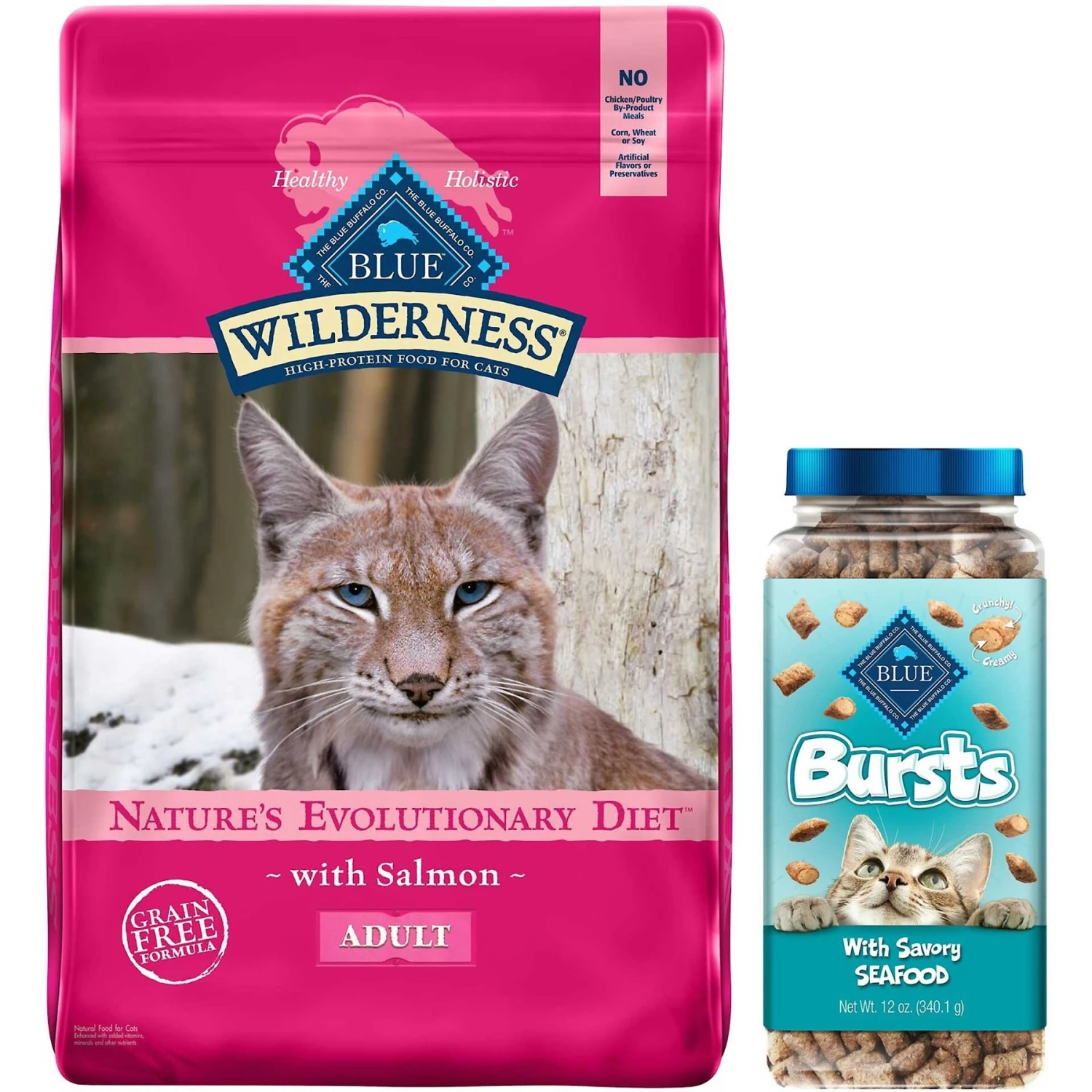 Blue Buffalo Wilderness Salmon Recipe Grain-Free Dry Cat Food & Blue Buffalo Bursts With Savory Seafood Cat Treats 1 Blue Buffalo Wilderness Salmon Recipe Grain-Free Dry Cat Food & Blue Buffalo Bursts With Savory Seafood Cat Treats