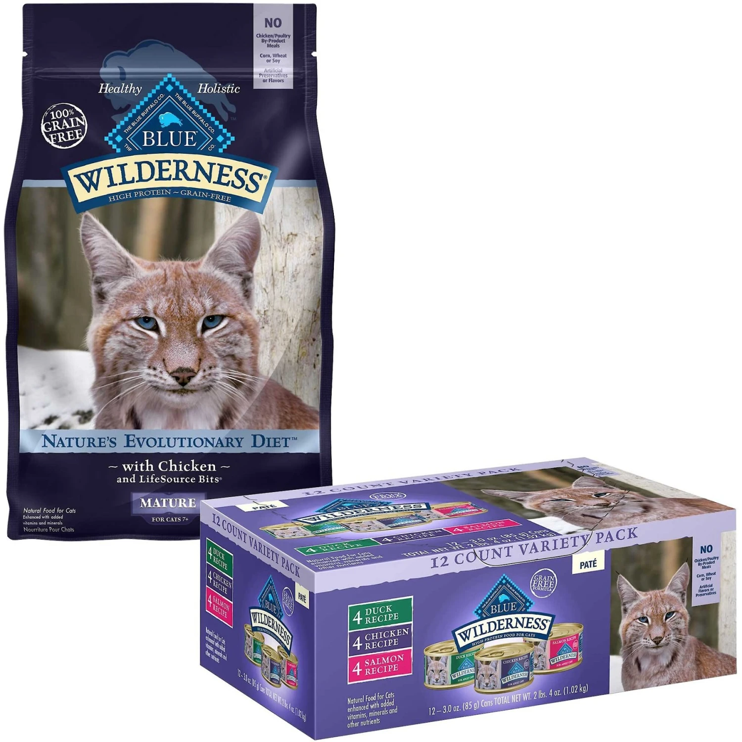Blue Buffalo Wilderness High Protein Natural Grain-Free Chicken Mature Dry Cat Food & Blue Buffalo Wilderness Pate Variety Pack Duck, Chicken & Salmon Grain-Free Cat Canned Food 1 Blue Buffalo Wilderness High Protein Natural Grain-Free Chicken Mature Dry Cat Food & Blue Buffalo Wilderness Pate Variety Pack Duck, Chicken & Salmon Grain-Free Cat Canned Food