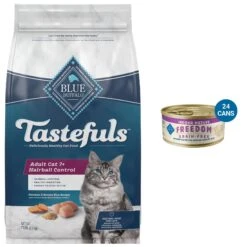 Blue Buffalo Tastefuls Hairball Control Natural Chicken & Brown Rice Recipe Adult 7+ Dry Cat Food & Blue Buffalo Freedom Indoor Mature Chicken Recipe Grain-Free Canned Cat Food