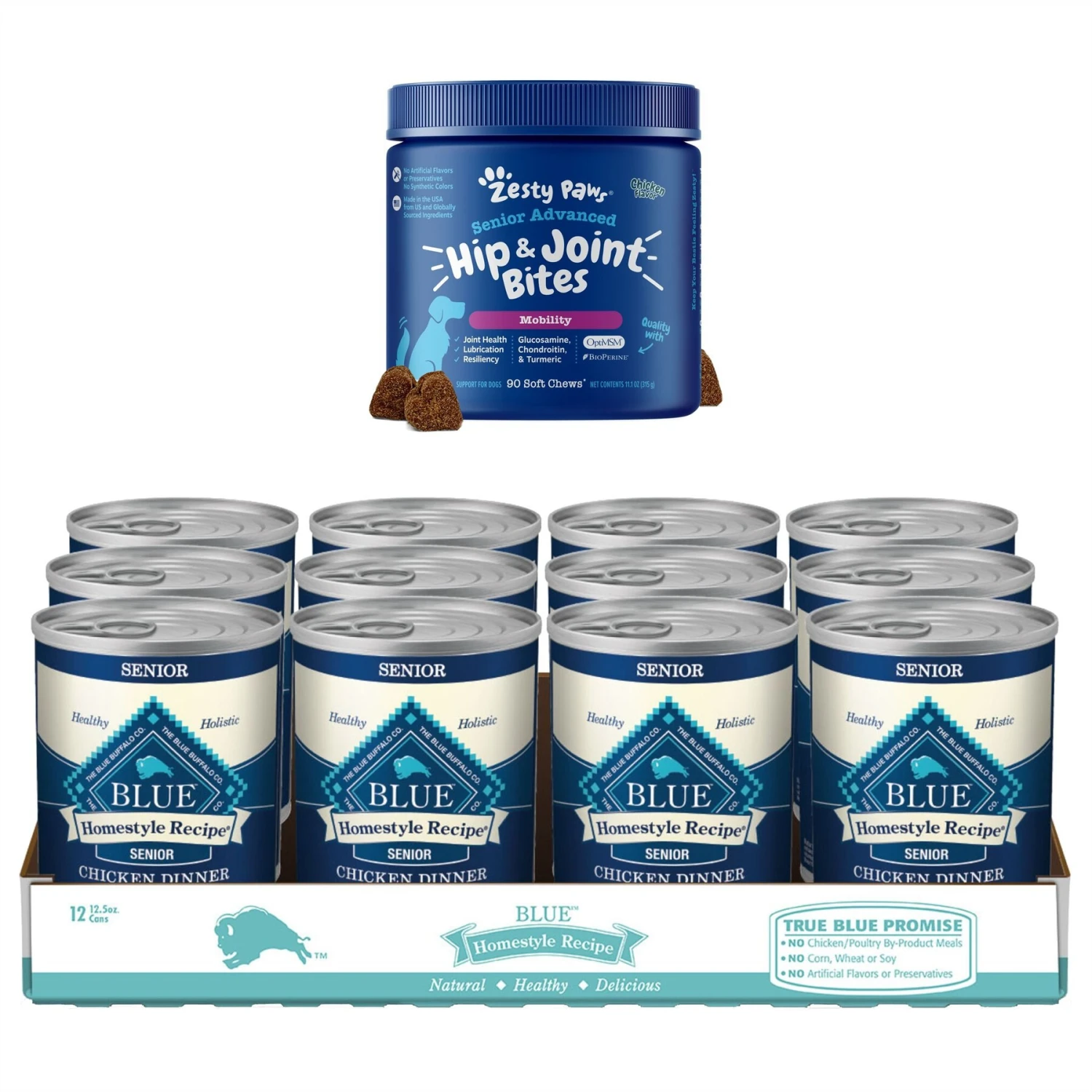 Zesty Paws Advanced Mobility Bites Chicken Flavored Soft Chews Glucosamine Hip & Joint Supplement For Senior Dogs & Blue Buffalo Homestyle Recipe Senior Chicken Dinner With Garden Vegetables Canned Dog Food 1 Zesty Paws Advanced Mobility Bites Chicken Flavored Soft Chews Glucosamine Hip & Joint Supplement For Senior Dogs & Blue Buffalo Homestyle Recipe Senior Chicken Dinner With Garden Vegetables Canned Dog Food