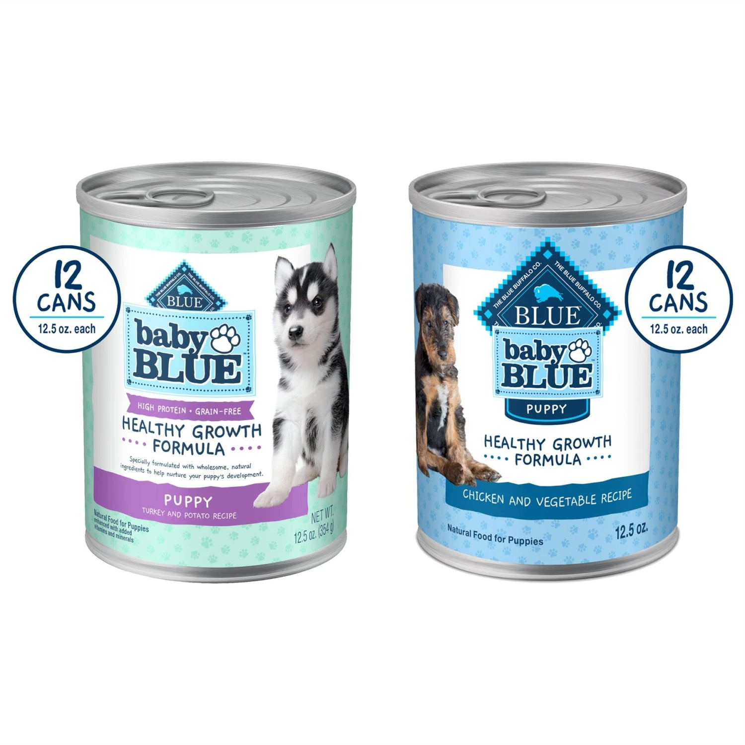 Blue Buffalo Baby Blue Healthy Growth Formula Natural Chicken & Vegetable Recipe Puppy Wet Food, 12.5-oz Cans, Case Of 12 & Blue Buffalo Baby Blue Healthy Growth Formula Grain-Free High Protein Turkey & Potato Recipe Puppy Wet Food, 12.5-oz Cans, Case Of 12 1 Blue Buffalo Baby Blue Healthy Growth Formula Natural Chicken & Vegetable Recipe Puppy Wet Food, 12.5-oz Cans, Case Of 12 & Blue Buffalo Baby Blue Healthy Growth Formula Grain-Free High Protein Turkey & Potato Recipe Puppy Wet Food, 12.5-oz Cans, Case Of 12