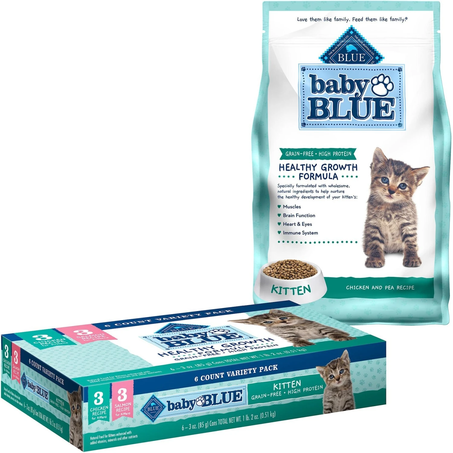 Blue Buffalo Baby Blue Healthy Growth Formula Grain-Free High Protein Chicken & Pea Recipe Kitten Dry Food & Blue Buffalo Baby Blue Healthy Growth Formula Grain-Free High Protein Variety Pack Kitten Wet Food, 3-oz Can, Case Of 6 1 Blue Buffalo Baby Blue Healthy Growth Formula Grain-Free High Protein Chicken & Pea Recipe Kitten Dry Food & Blue Buffalo Baby Blue Healthy Growth Formula Grain-Free High Protein Variety Pack Kitten Wet Food, 3-oz Can, Case Of 6