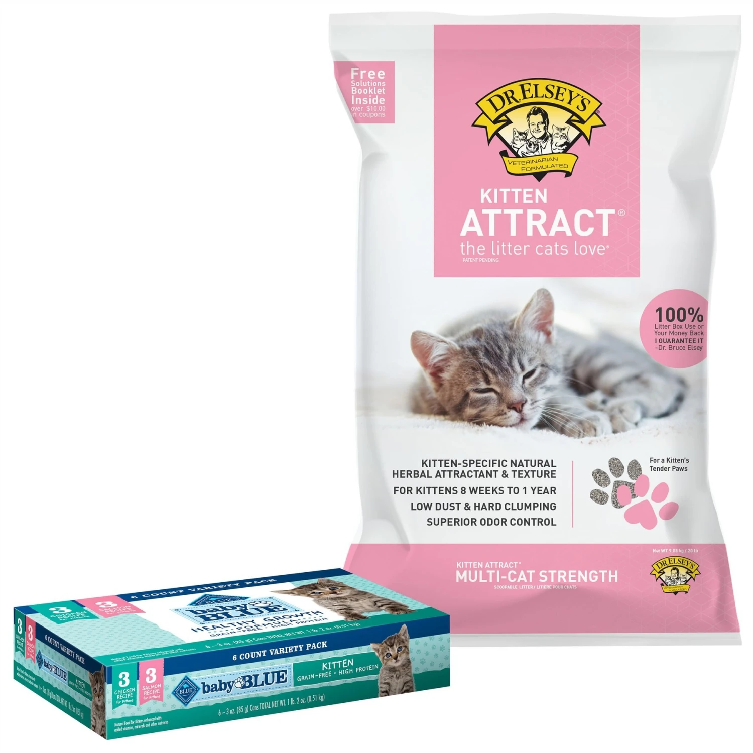 Blue Buffalo Baby Blue Healthy Growth Formula Grain-Free High Protein Variety Pack Kitten Wet Food, 3-oz Can, Case Of 6 & Dr. Elsey's Kitten Attract Clumping Clay Cat Litter 1 Blue Buffalo Baby Blue Healthy Growth Formula Grain-Free High Protein Variety Pack Kitten Wet Food, 3-oz Can, Case Of 6 & Dr. Elsey's Kitten Attract Clumping Clay Cat Litter