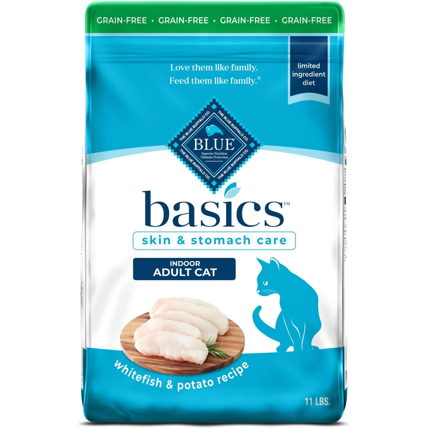 Blue Buffalo Basics Skin & Stomach Care Grain-Free Formula Fish & Potato Indoor Adult Dry Cat Food 1 Blue Buffalo Basics Skin & Stomach Care Grain-Free Formula Fish & Potato Indoor Adult Dry Cat Food