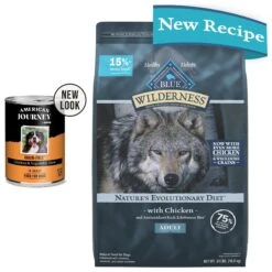 American Journey Stews Chicken & Vegetables Recipe In Gravy Grain-Free Canned Dog Food & Blue Buffalo Wilderness Adult High Protein Natural Chicken & Wholesome Grains Dry Dog Food