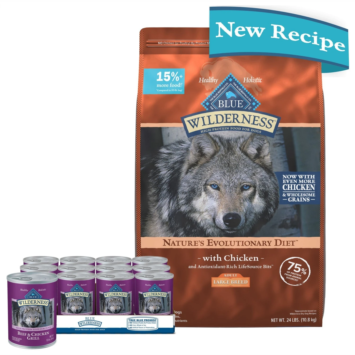 Blue Buffalo Wilderness Large Breed Adult High Protein Natural Chicken & Wholesome Grains Dry Dog Food & Blue Buffalo Wilderness Beef & Chicken Grill Grain-Free Canned Dog Food 1 Blue Buffalo Wilderness Large Breed Adult High Protein Natural Chicken & Wholesome Grains Dry Dog Food & Blue Buffalo Wilderness Beef & Chicken Grill Grain-Free Canned Dog Food