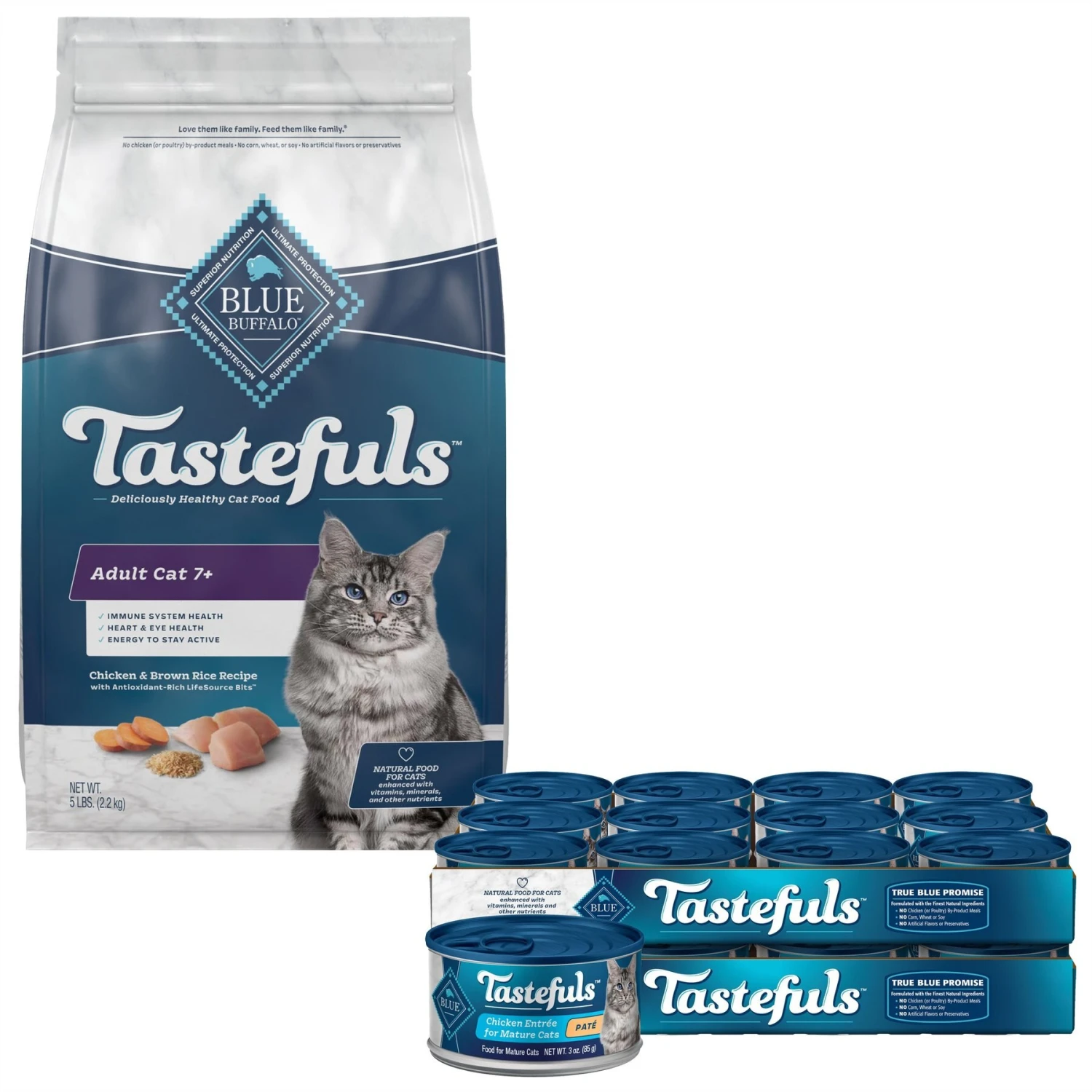 Blue Buffalo Tastefuls Natural Chicken Adult 7+ Dry Cat Food & Blue Buffalo Tastefuls Chicken Entrée Mature Cats Pate Wet Cat Food, 3-oz Can, Case Of 24 1 Blue Buffalo Tastefuls Natural Chicken Adult 7+ Dry Cat Food & Blue Buffalo Tastefuls Chicken Entrée Mature Cats Pate Wet Cat Food, 3-oz Can, Case Of 24