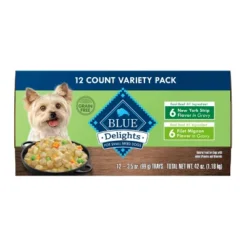 Blue Buffalo Delights Natural Adult Small Breed Wet Dog Food Cups Variety Pack In Hearty Gravy, Filet Mignon Beef & New York Strip - 3.5oz/12ct