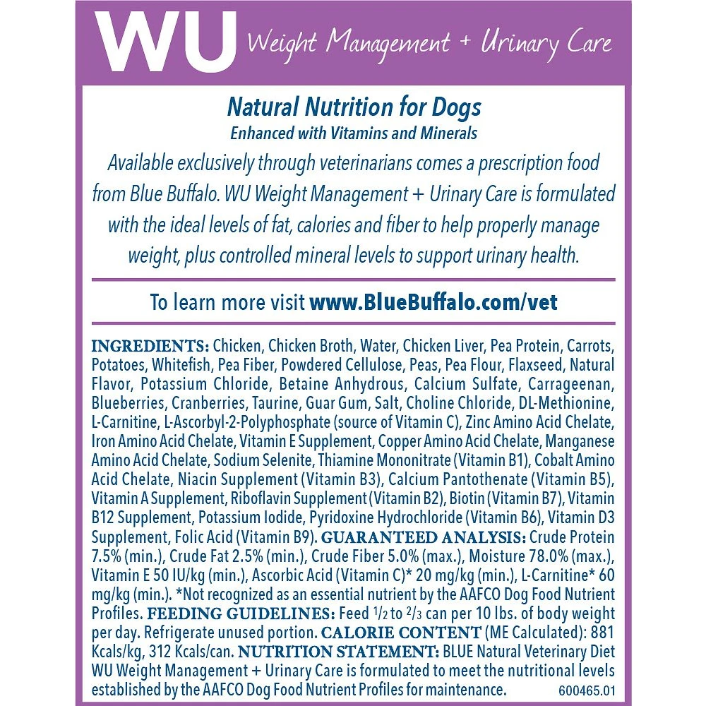 Blue Buffalo Natural Veterinary Diet - W+U Weight Management + Urinary Care Canned Dog Food (12-pack) 2 Blue Buffalo Natural Veterinary Diet - W+U Weight Management + Urinary Care Canned Dog Food (12-pack) - Image 2